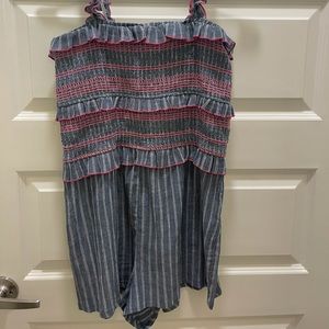 Denim and pink ruffle romper medium